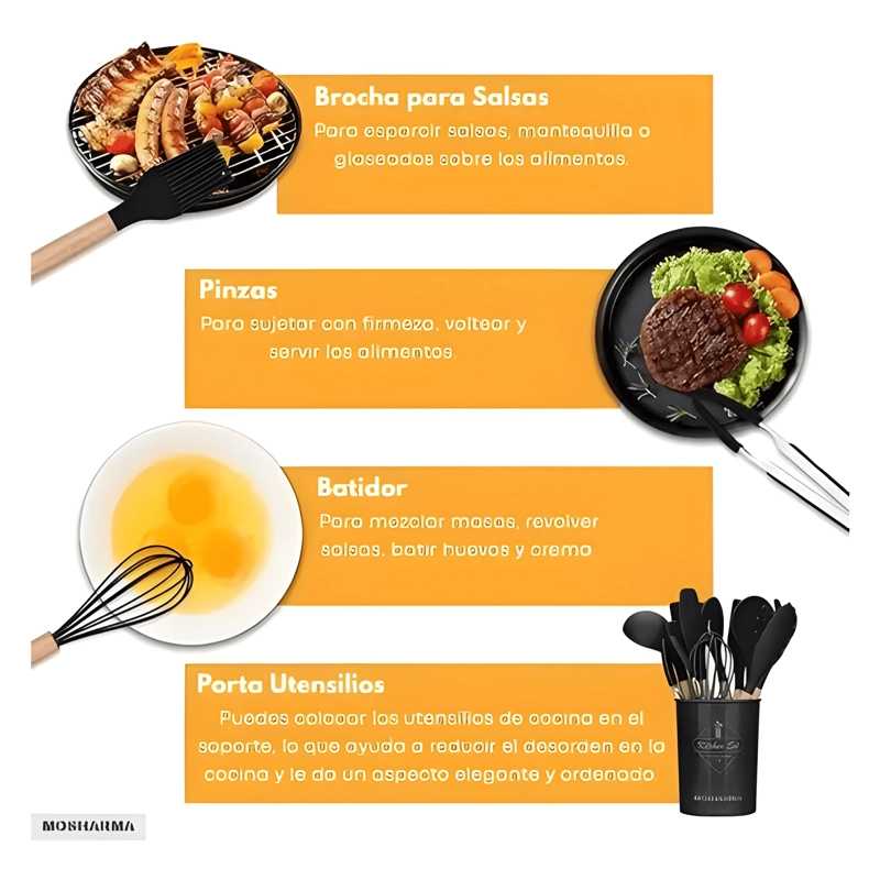 SET 12 UTENSILIOS COCINA MOSHARMA MANGO MADERA SILICONA - 4