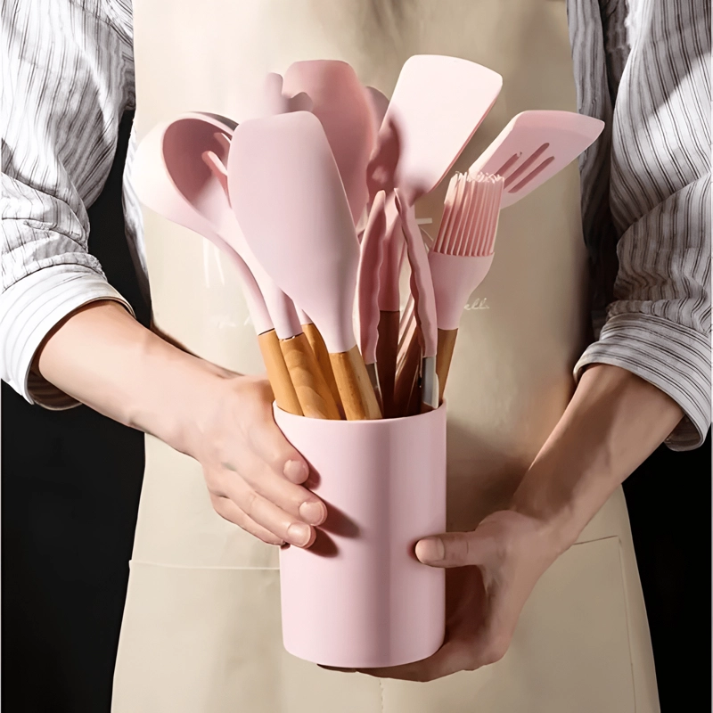 SET 12 UTENSILIOS COCINA SILICONA Y MADERA HOME SUPPLY ROSA - 2