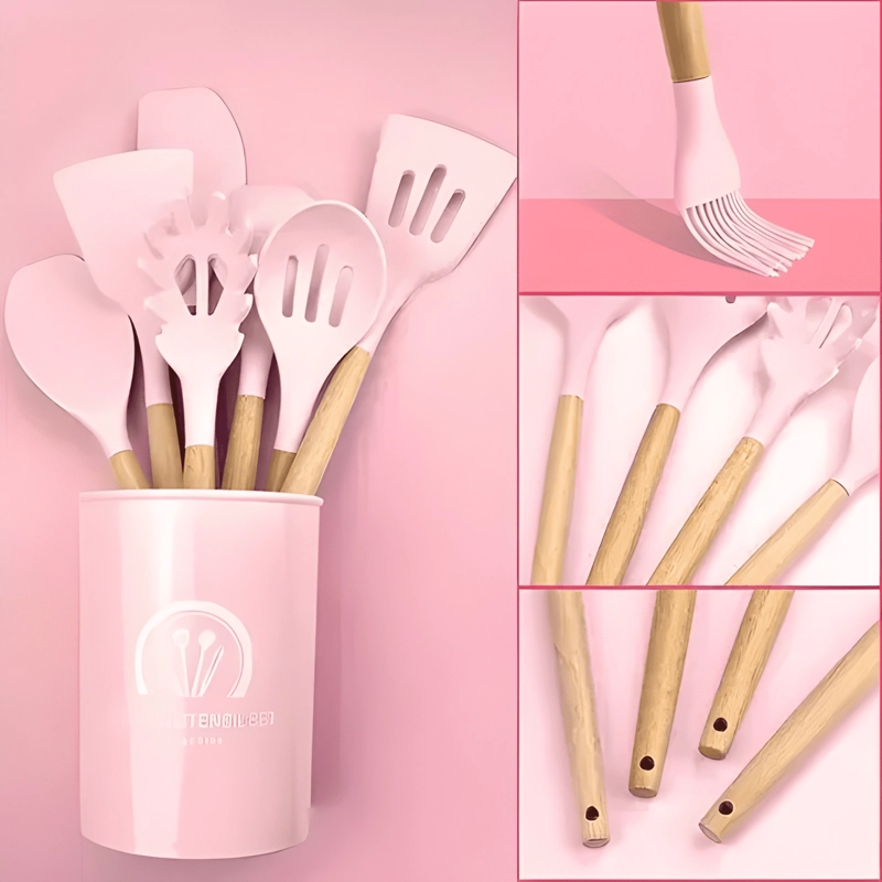 SET 12 UTENSILIOS COCINA SILICONA Y MADERA HOME SUPPLY ROSA - 3