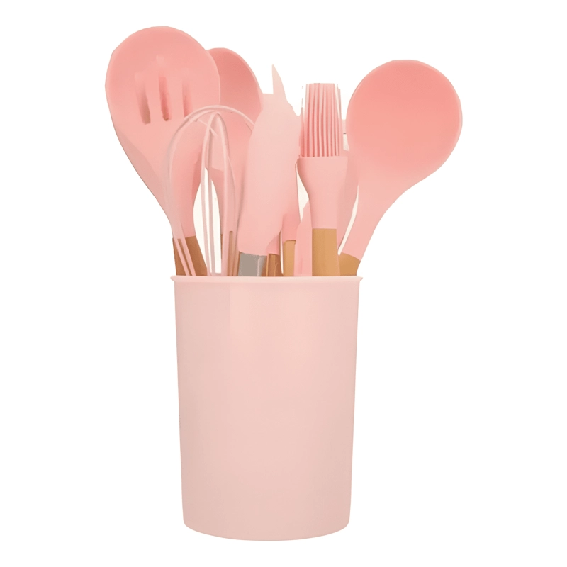 SET 12 UTENSILIOS COCINA SILICONA Y MADERA HOME SUPPLY ROSA - 4