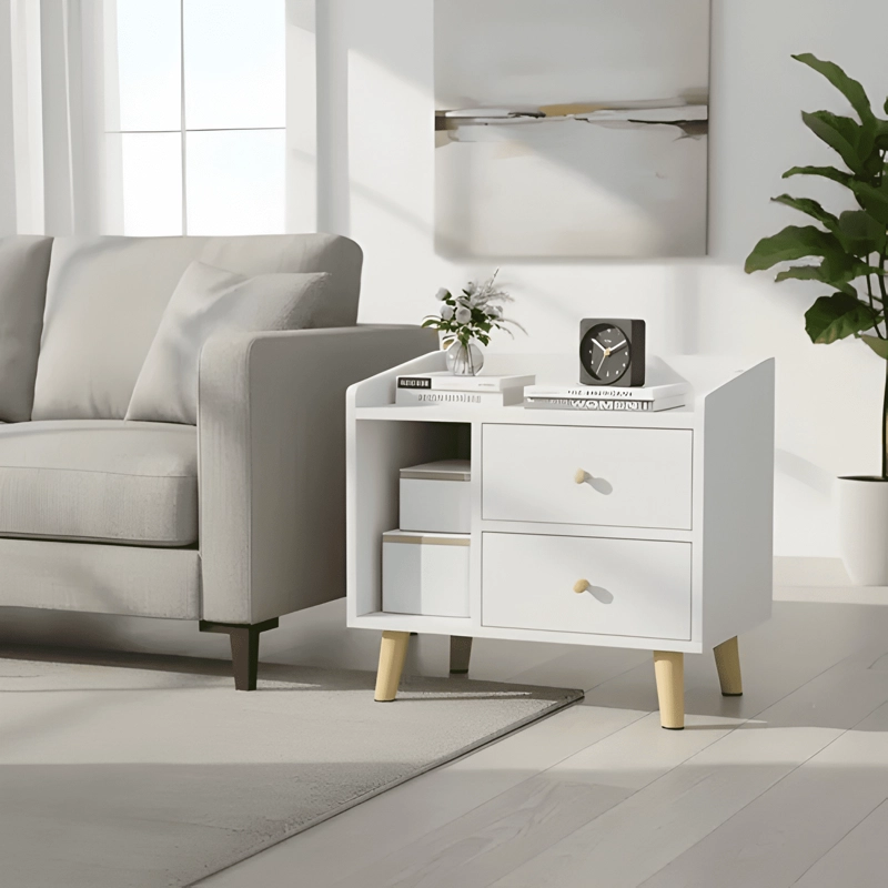 PACK 2 MESAS LATERALES RETRO CON CAJON 43X30X48CM BLANCO - 1