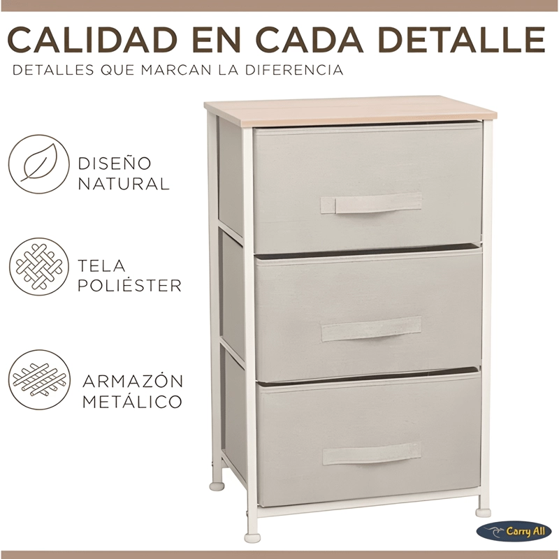 MESA DE LUZ CARRY ALL 3 CAJONES ARMAZON METALICO BEIGE - 3