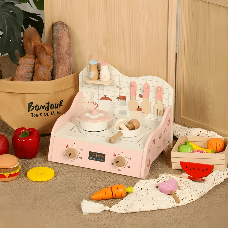 MINI COCINA DE JUGUETE MADERA PORTATIL CON ACCESORIOS ROSA - 1