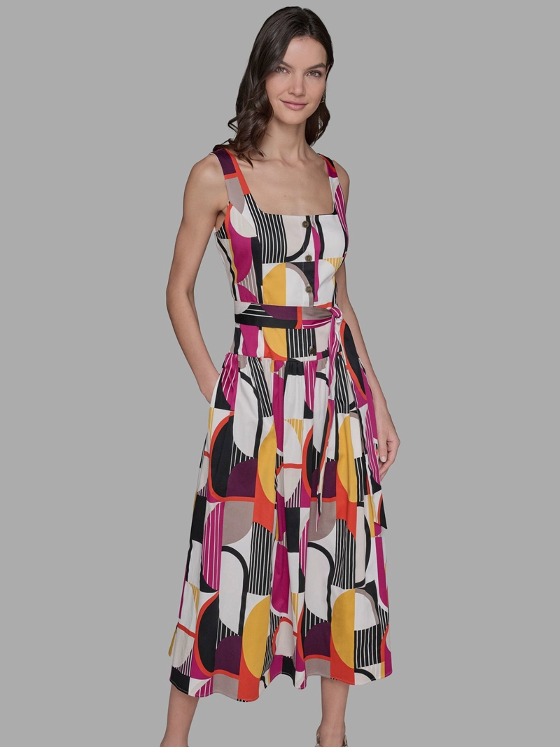 VESTIDO MIDI ESTAMPADO GEOME TRICO CON CINTURON - 1