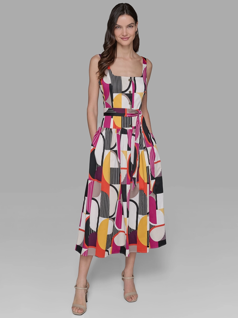 VESTIDO MIDI ESTAMPADO GEOME TRICO CON CINTURON - 2