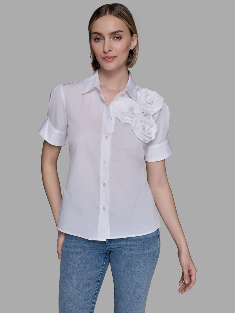 CAMISA DE MANGA CORTA CON FLOR DE POPELINA - 1