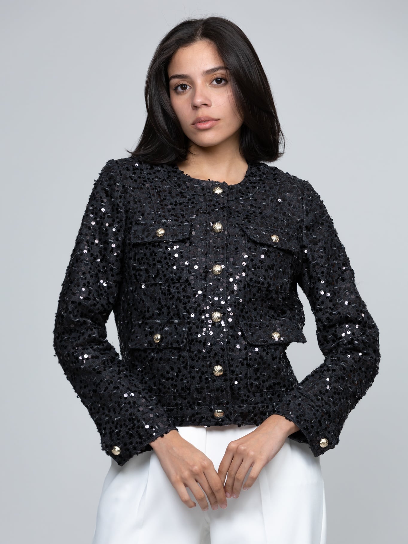 CHAQUETA DENIM CROPPED CON LENTEJUELAS - 1