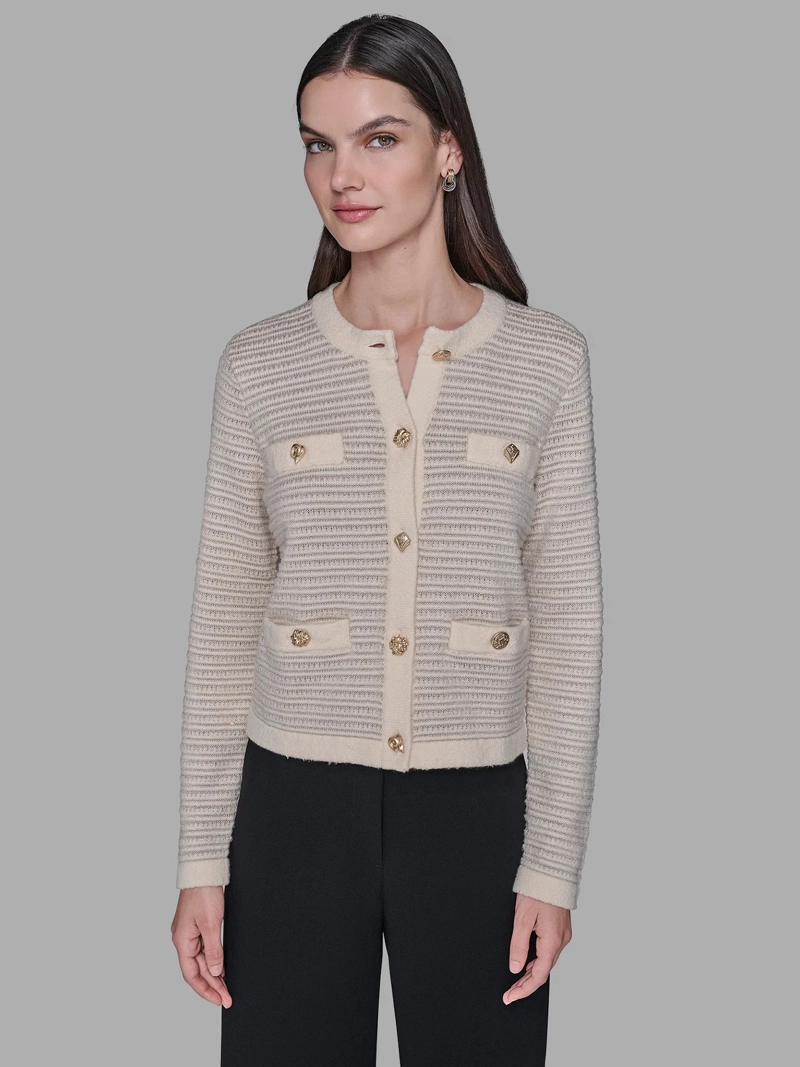CARDIGAN ESTAMPADO CON BOLSILLOS Y BOTONES DECORATIVOS - 1