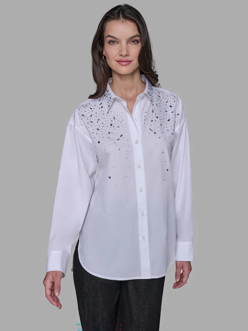 CAMISA MANGA LARGA DE TEJIDO PLANO CON APLIQUES DE PEDRERIA - 1