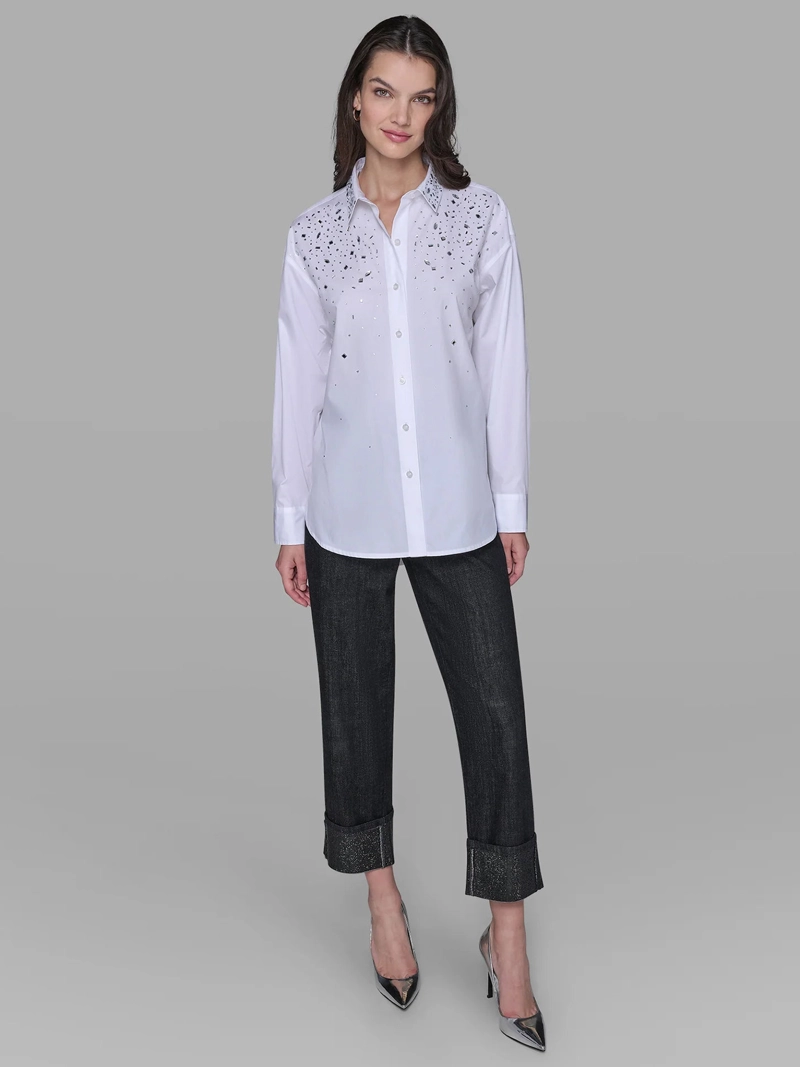 CAMISA MANGA LARGA DE TEJIDO PLANO CON APLIQUES DE PEDRERIA - 2