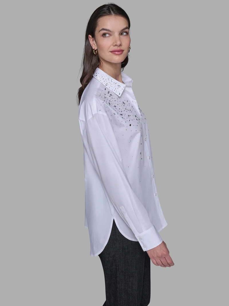 CAMISA MANGA LARGA DE TEJIDO PLANO CON APLIQUES DE PEDRERIA - 3