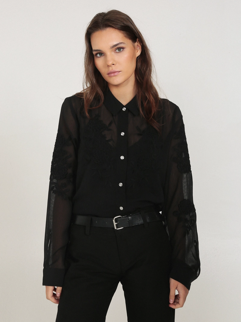 BLUSA MANGA LARGA DE MALLA CON ESTAMPADO DE FLORES - 1