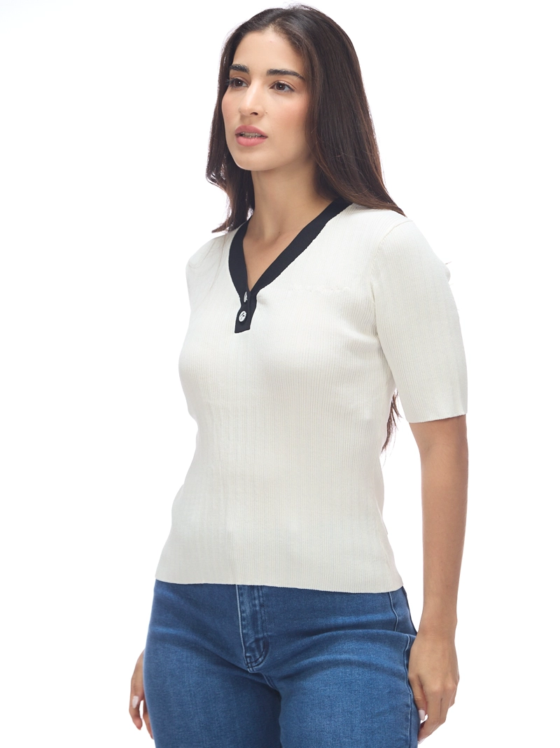 SWEATER MANGA CORTA DE PUNTO CON ESCOTE EN V - 1
