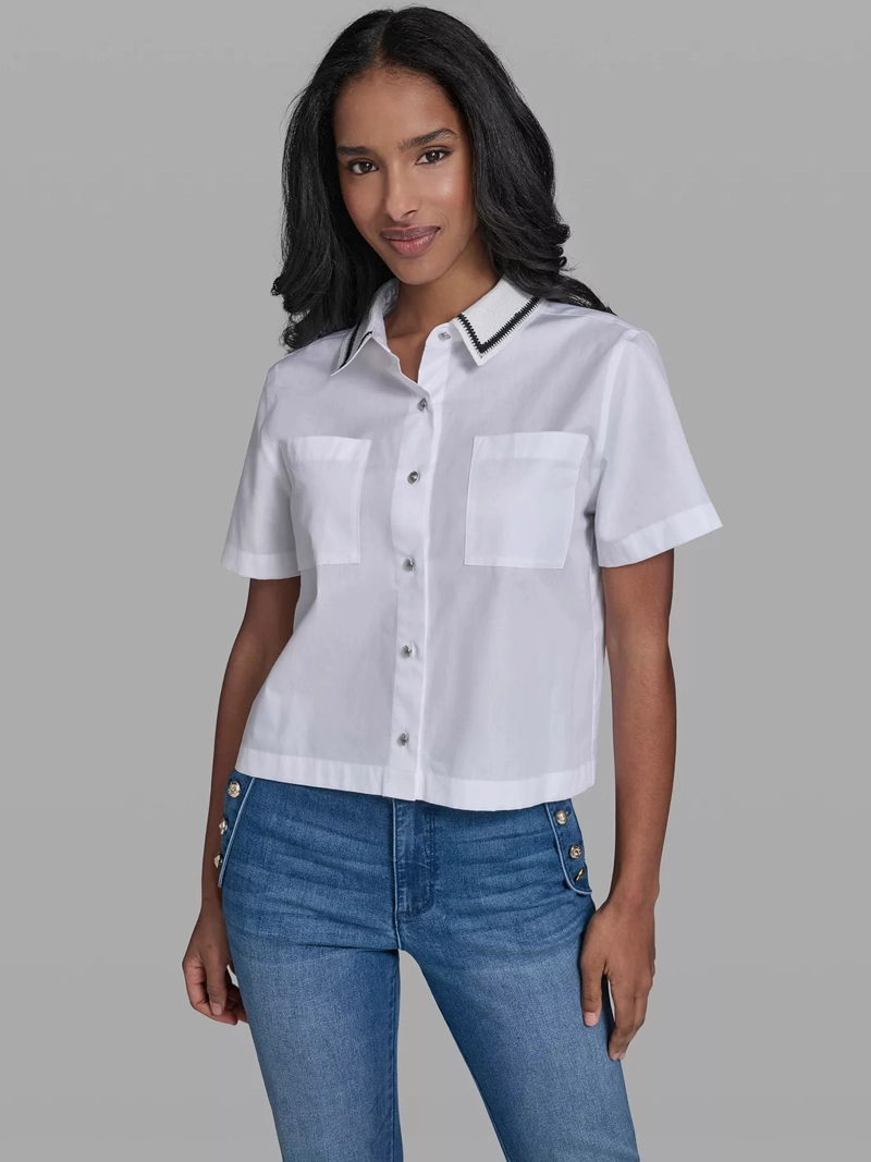 CAMISA CROPPED DE MANGA CORTA CON CUELLO TIPO CROCHET - 1
