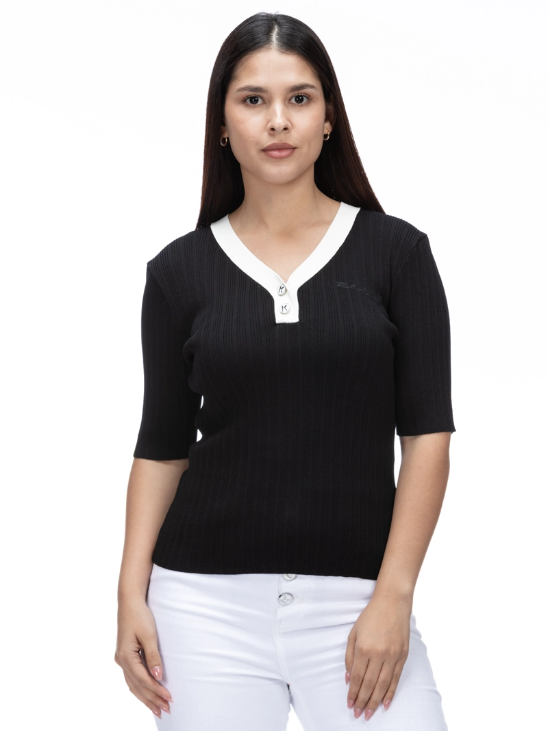 SWEATER MANGA CORTA DE PUNTO CON ESCOTE EN V - 1