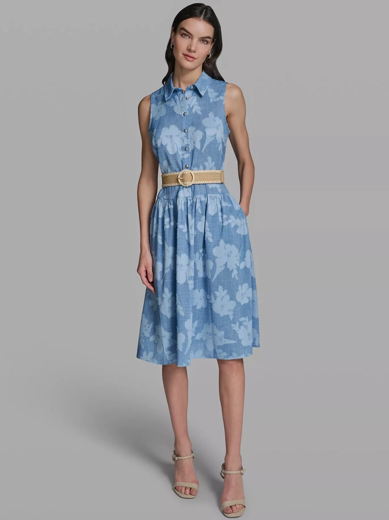 VESTIDO ESTAMPADO SIN MANGAS CON CINTURON - 1