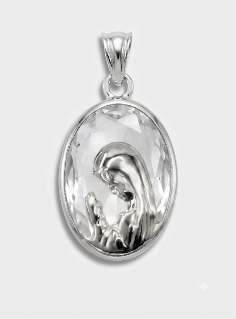 Medalla Virgen Niña Ovalado, Plata 925 y Cristal Swarovski - 1