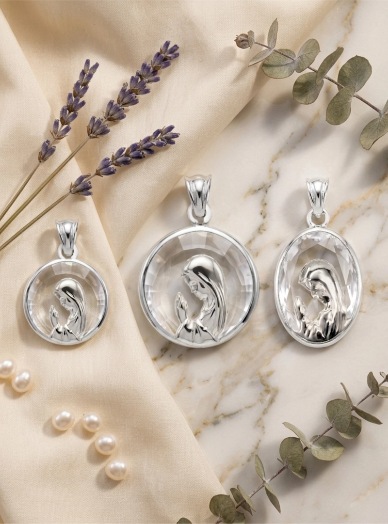 Medalla Virgen Niña Ovalado, Plata 925 y Cristal Swarovski - 3