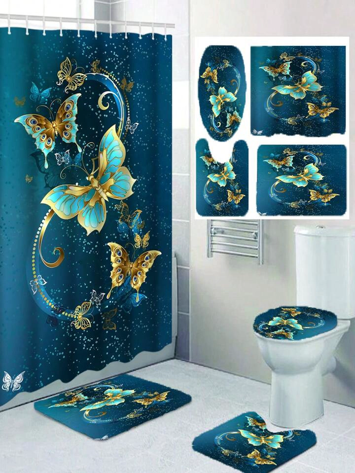 SETS DE BAÑO DE 4 PIEZAS CON DISEÑO AZUL MARIPOSAS WM - 1