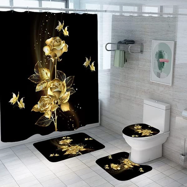 SETS DE BAÑO DE 4 PIEZAS CON DISEÑO NEGRO MARIPOSA DORADA WM - 1