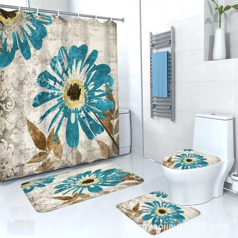 SETS DE BAÑO 4 PIEZAS DISEÑO MARRON FLOR MARGARITA TURQUESA WM - 1