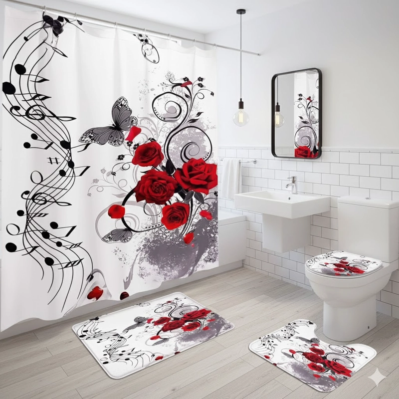 SETS DE BAÑO 4 PIEZAS DISEÑO NOTAS MUSICALES ROSAS ROJAS WM - 1