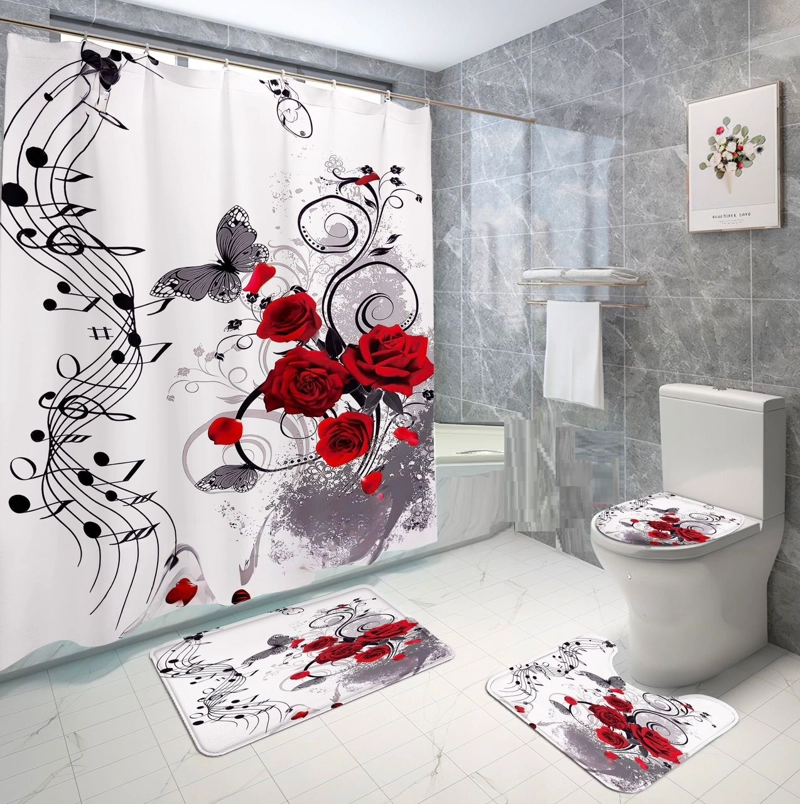 SETS DE BAÑO 4 PIEZAS DISEÑO NOTAS MUSICALES ROSAS ROJAS WM - 2