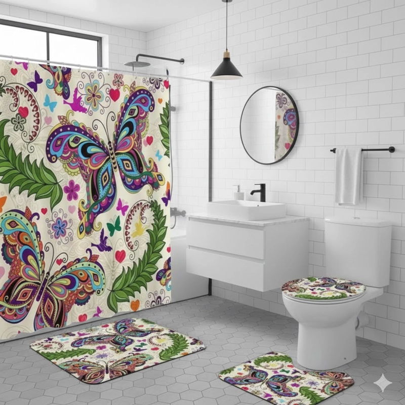 SETS DE BAÑO 4 PIEZAS DISEÑO MARIPOSA MULTICOLOR WM - 1