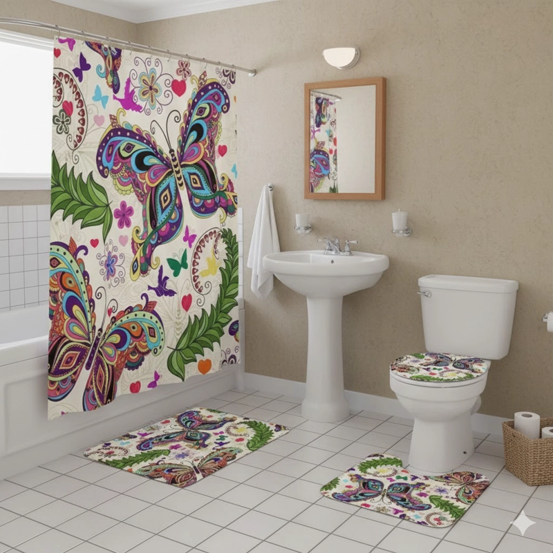 SETS DE BAÑO 4 PIEZAS DISEÑO MARIPOSA MULTICOLOR WM - 2