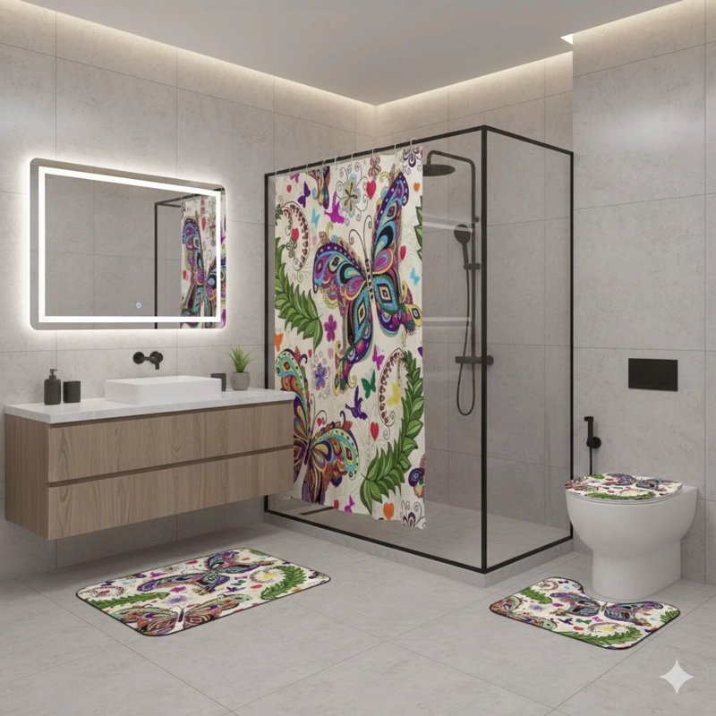 SETS DE BAÑO 4 PIEZAS DISEÑO MARIPOSA MULTICOLOR WM - 3