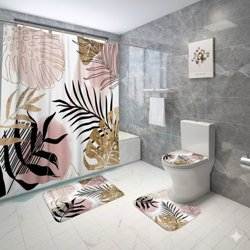SETS DE BAÑO 4 PIEZAS DISEÑO HOJAS DE VERANO TONOS CLAROS WM - 1