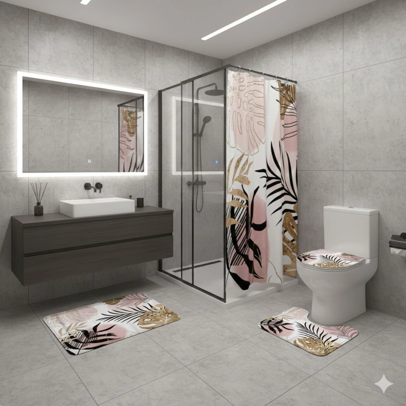 SETS DE BAÑO 4 PIEZAS DISEÑO HOJAS DE VERANO TONOS CLAROS WM - 2