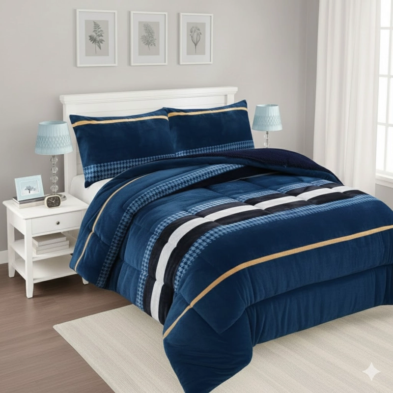 COBERTOR KING FE INVIERNO PLUSH CON CHIPORRO DISEÑO AZUL LINEAS MODERNA  FEYA - 1