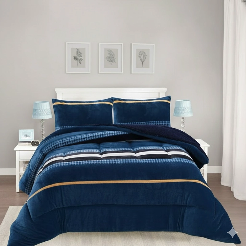 COBERTOR KING FE INVIERNO PLUSH CON CHIPORRO DISEÑO AZUL LINEAS MODERNA  FEYA - 2