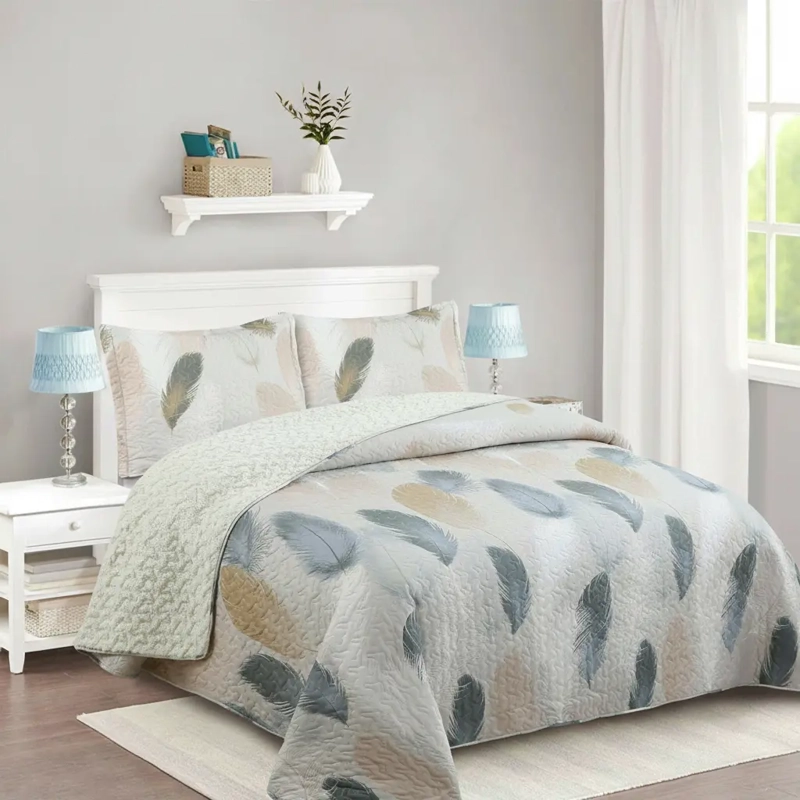 CUBRECAMA QUILT SHERPA 2PL W.M G MARFIL Y BEIGE SUAVE PLUMAS EN COLORES - 2
