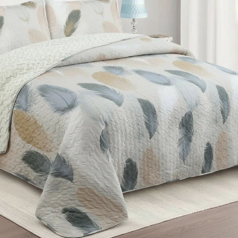 CUBRECAMA QUILT SHERPA 2PL W.M G MARFIL Y BEIGE SUAVE PLUMAS EN COLORES - 3