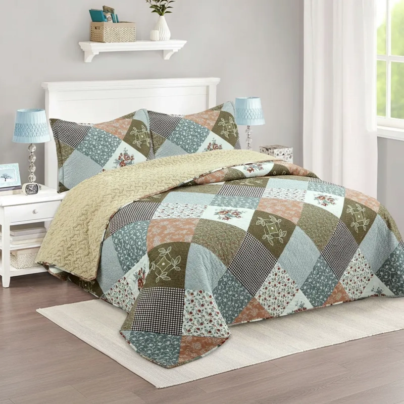 CUBRECAMA QUILT SHERPA 2PL TIERRA VERDE OLIVA AZUL SUAVE BEIGE MOTIVOS FLORALES - 1