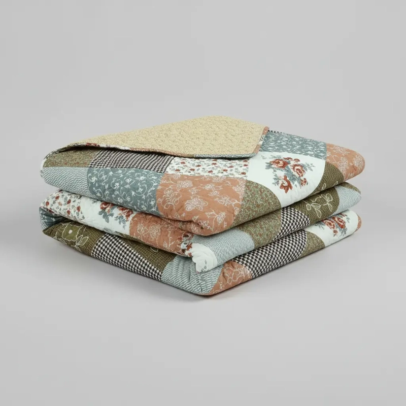 CUBRECAMA QUILT SHERPA 2PL TIERRA VERDE OLIVA AZUL SUAVE BEIGE MOTIVOS FLORALES - 3