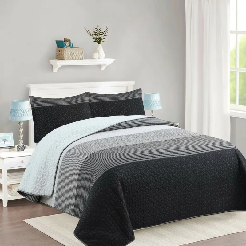 CUBRECAMA QUILT SHERPA 2PL W.M G - NEGRO GRIS Y BLANCO DISEÑO A FRANJAS HORIZONTALES - 1