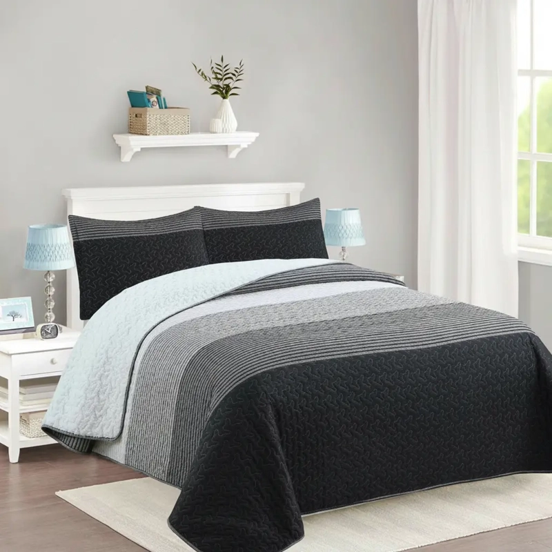 CUBRECAMA QUILT SHERPA 2PL W.M G - NEGRO GRIS Y BLANCO DISEÑO A FRANJAS HORIZONTALES - 2