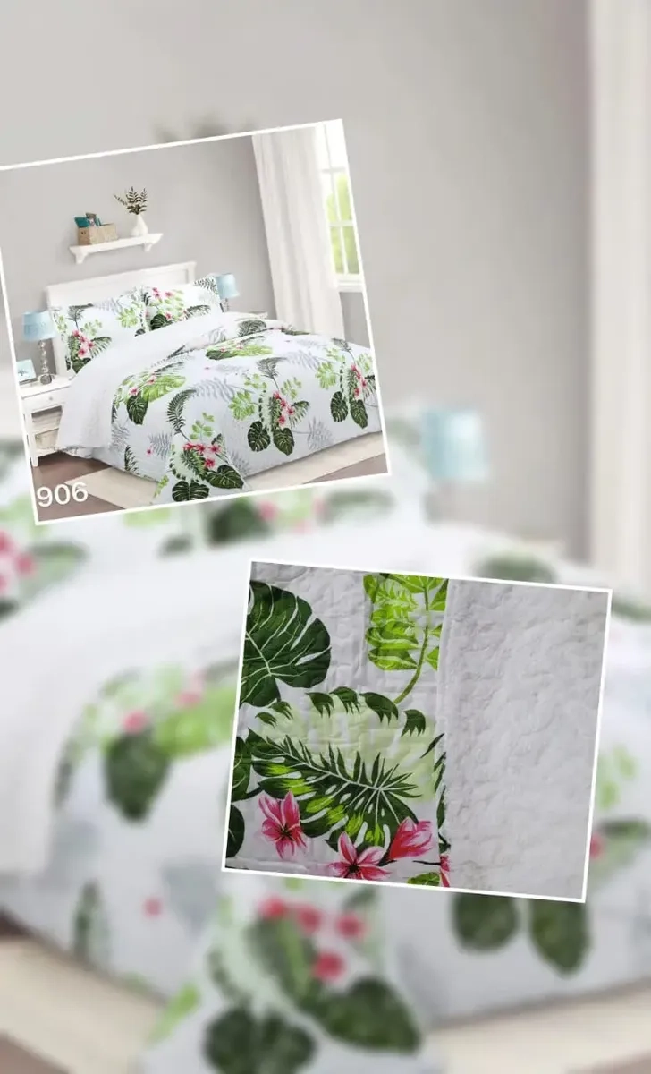 CUBRECAMA QUILT SHERPA 1.5 BLANCO HOJAS VERDE - 1