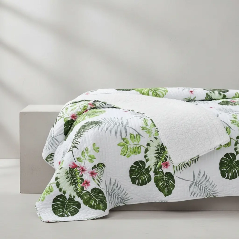 CUBRECAMA QUILT SHERPA 1.5 BLANCO HOJAS VERDE - 3