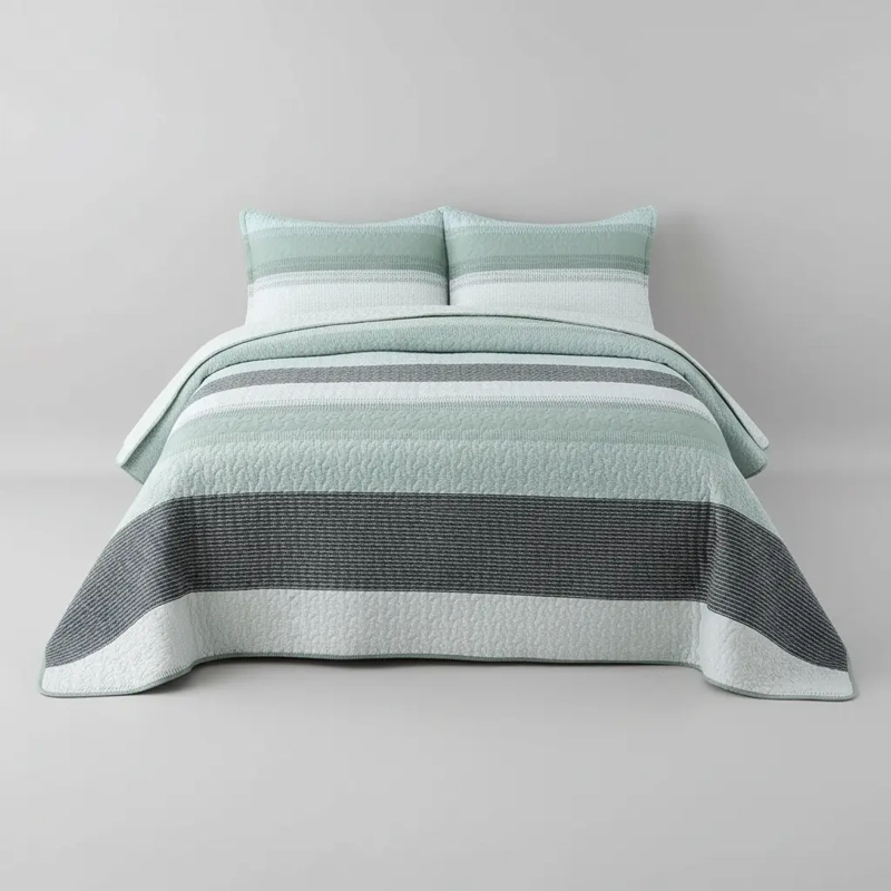 CUBRECAMA QUILT SHERPA 2PL W.M G - VERDE MENTA GRIS Y BLANCO. DISEÑO A FRANJAS HORIZONTALES - 2