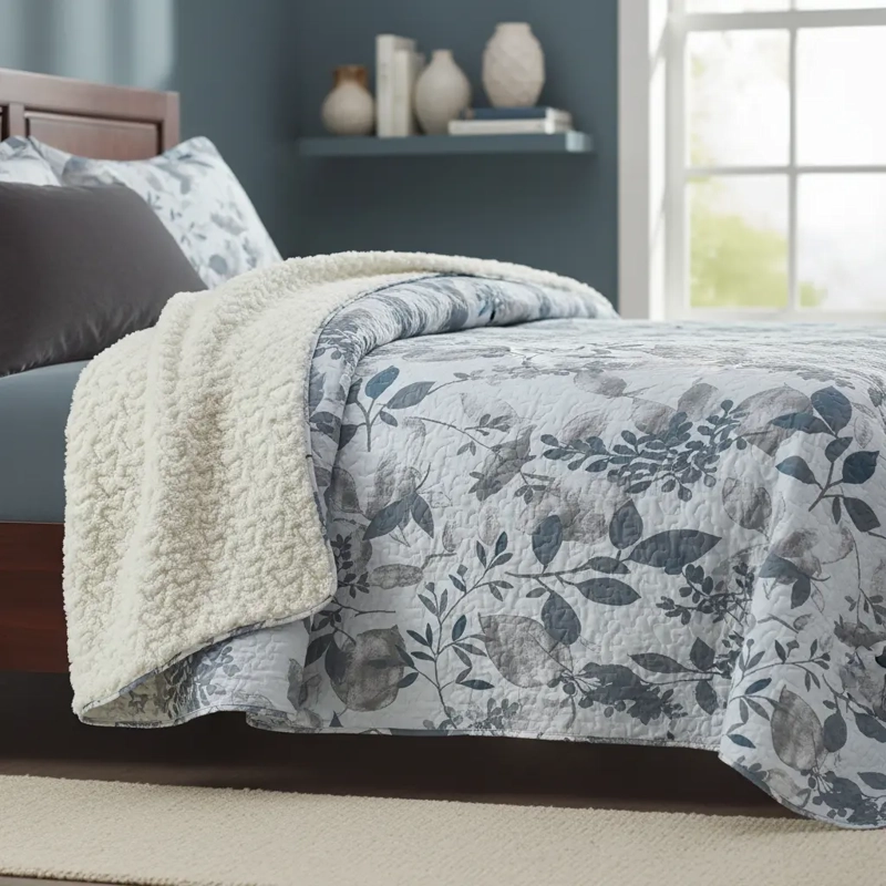 CUBRECAMA QUILT SHERPA 2PL W.M G - AZUL GRISACEO Y GRIS SUAVE ESTAMPADO FLORAL Y DE HOJAS - 1