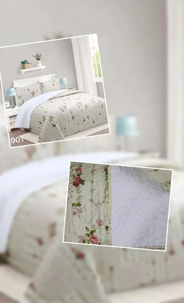 CUBRECAMA QUILT SHERPA 2PL W.M G-CELESTE CLARO GRIS Y DETALLES EN BEIGE ESTAMPADO FLORAL - 2