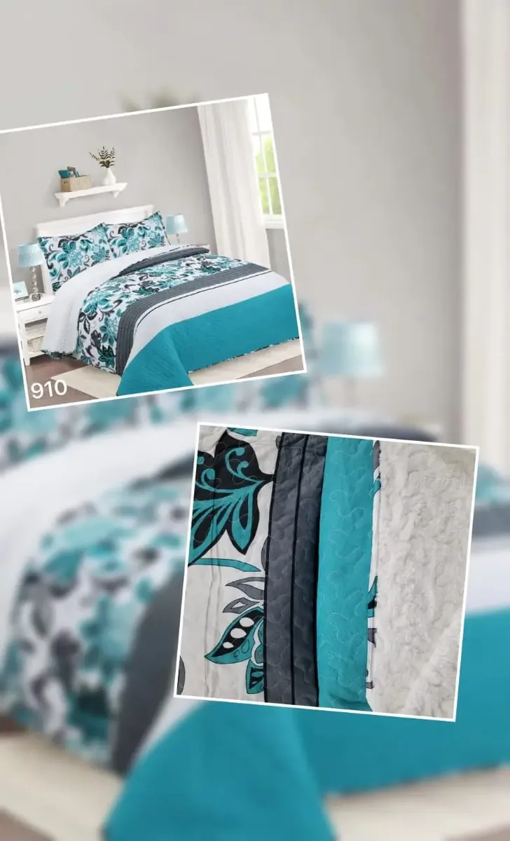 CUBRECAMA QUILT SHERPA 2PL  W.M G - TURQUESA GRIS Y BLANCO DISEÑO FLORAL - 1