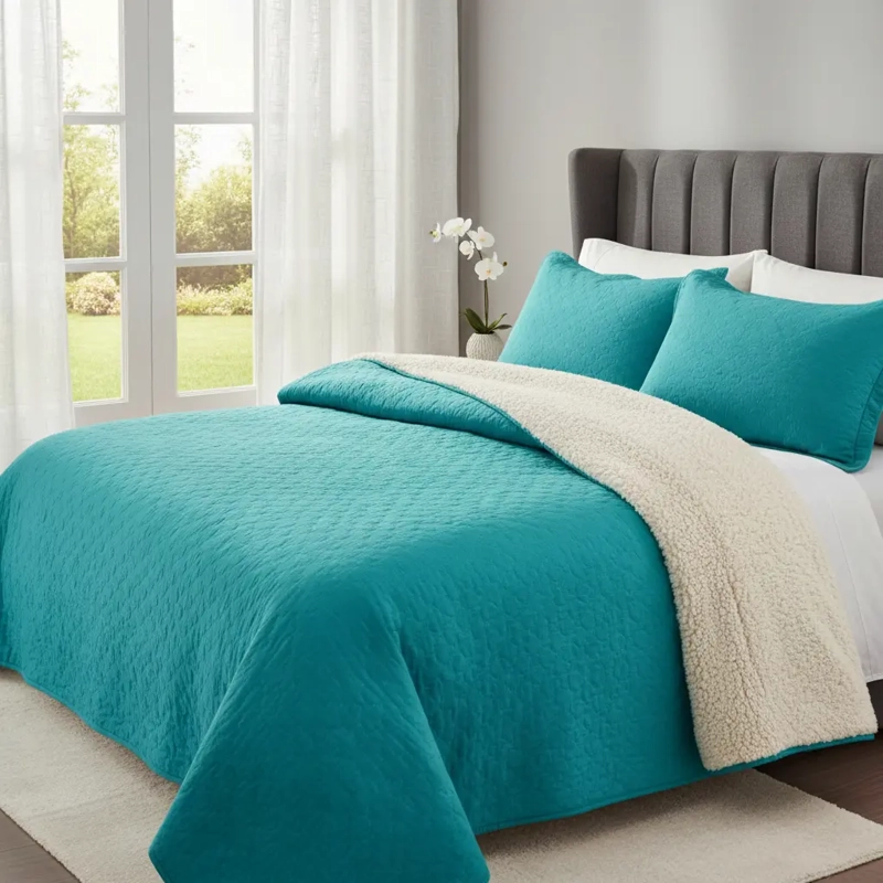 CUBRECAMA QUILT SHERPA 2PL W.M G TURQUESA SOLIDO MODERNO Y MINIMALISTA - 1