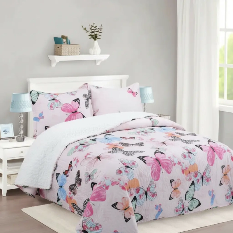 CUBRECAMA QUILT SHERPA 1.5 W.M G - CORAL CLARO MARIPOSAS - 2