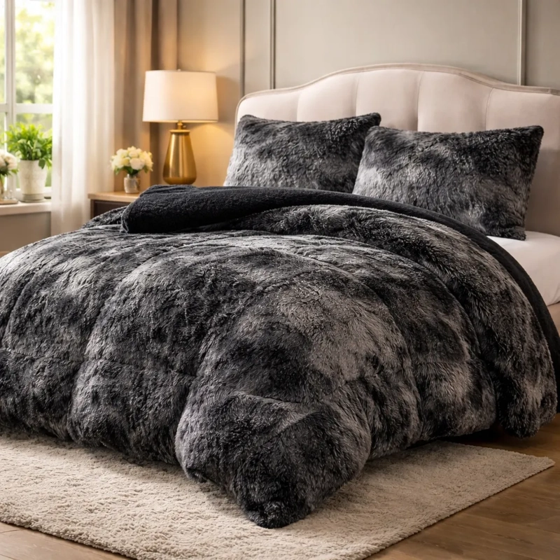 PLUMON DE INVIERNO PELUDOS CON CHIPORRO 2 PLAZAS NEGRO JASPEADO PELUDO - 1