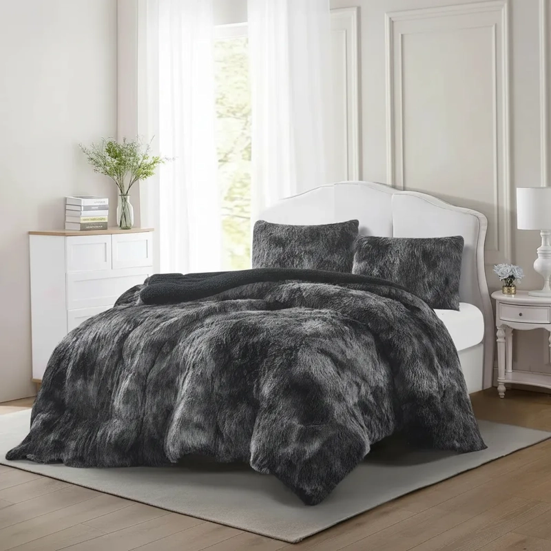 PLUMON DE INVIERNO PELUDOS CON CHIPORRO 2 PLAZAS NEGRO JASPEADO PELUDO - 2